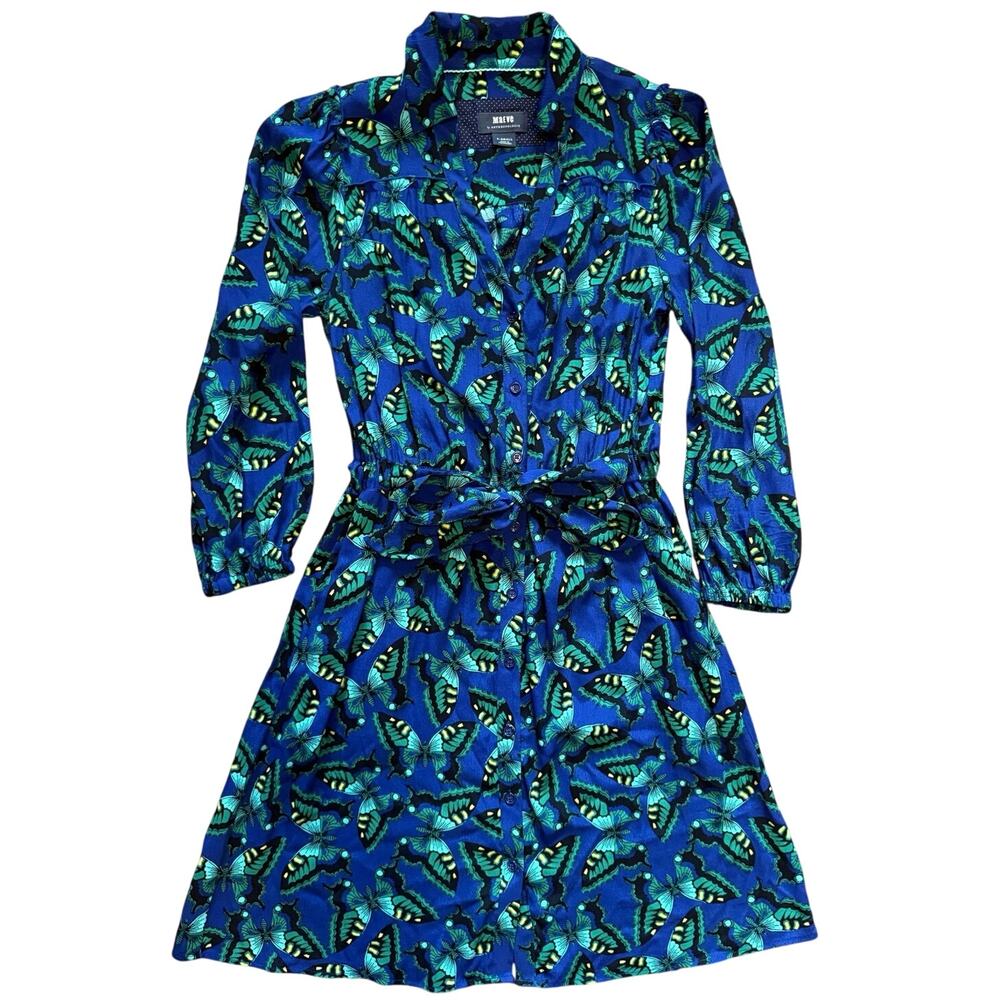 Maeve by Anthropologie Pippa Butterfly Shirtdress Blue Green Long Sleeve Mini XS